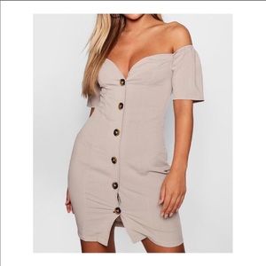 Boohoo tan off the shoulder button dress 4
